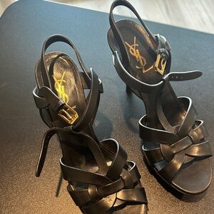 Yves Saint Laurent Black Strappy Heels with Gold Buckle
